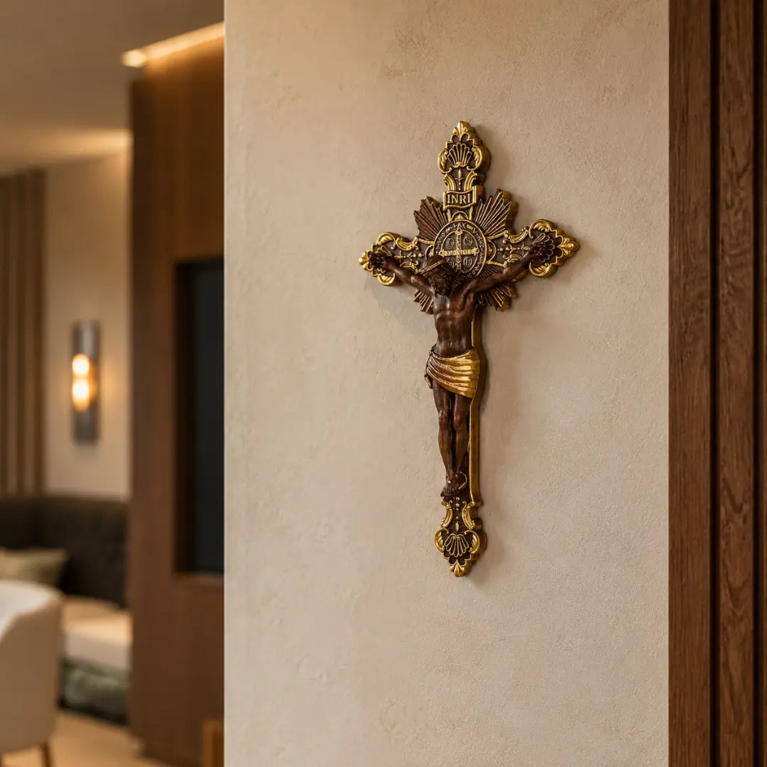 Cruz de São Bento em Madeira de Faia Europeia com Detalhes Dourados