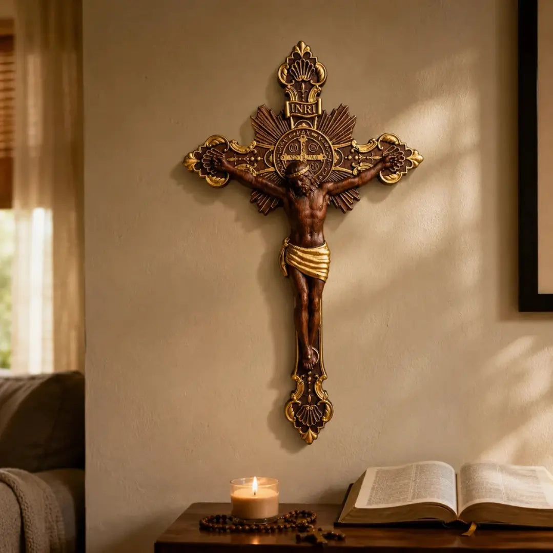 Cruz de São Bento em Madeira de Faia Europeia com Detalhes Dourados