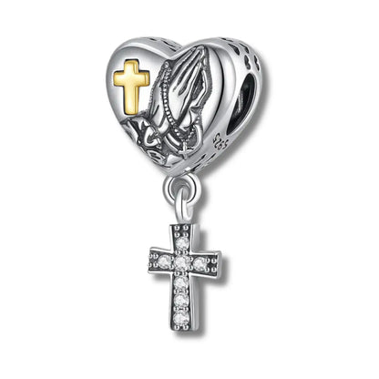 Berloque Cruz Prata Esterlina 925 com Mãos em Oração