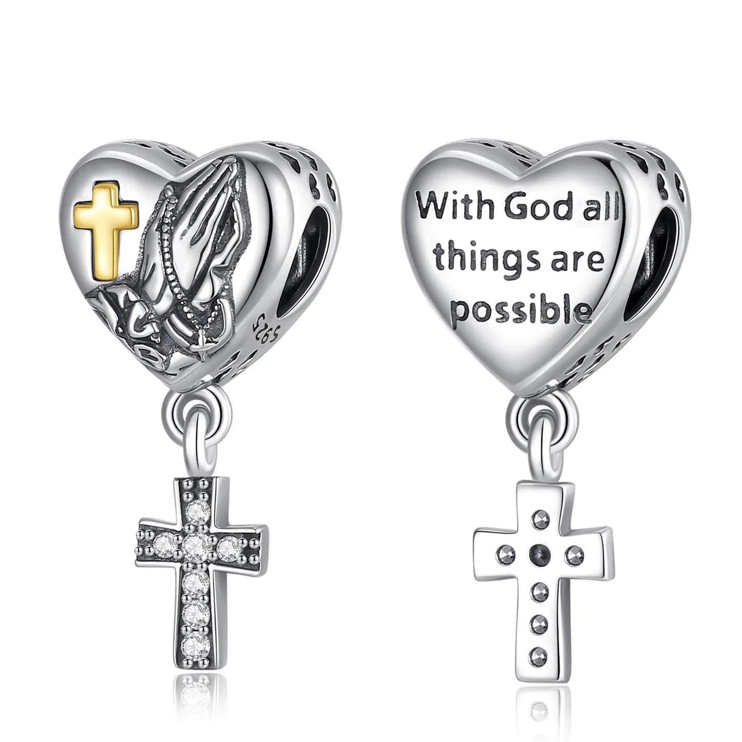 Berloque Cruz Prata Esterlina 925 com Mãos em Oração