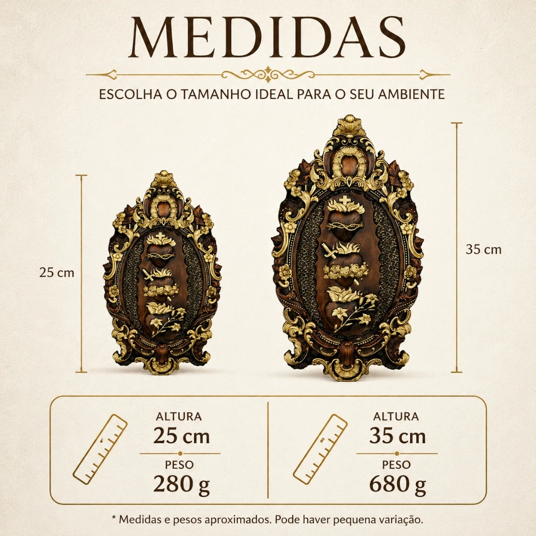 Imagem dos Três Corações da Sagrada Família em Madeira de Faia Europeia com Detalhes Dourados