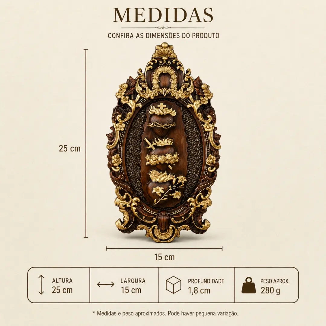 Imagem dos Três Corações da Sagrada Família em Madeira de Faia Europeia com Detalhes Dourados 25cm