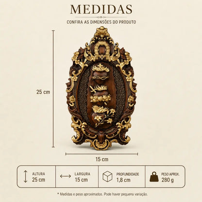 Imagem dos Três Corações da Sagrada Família em Madeira de Faia Europeia com Detalhes Dourados 25cm
