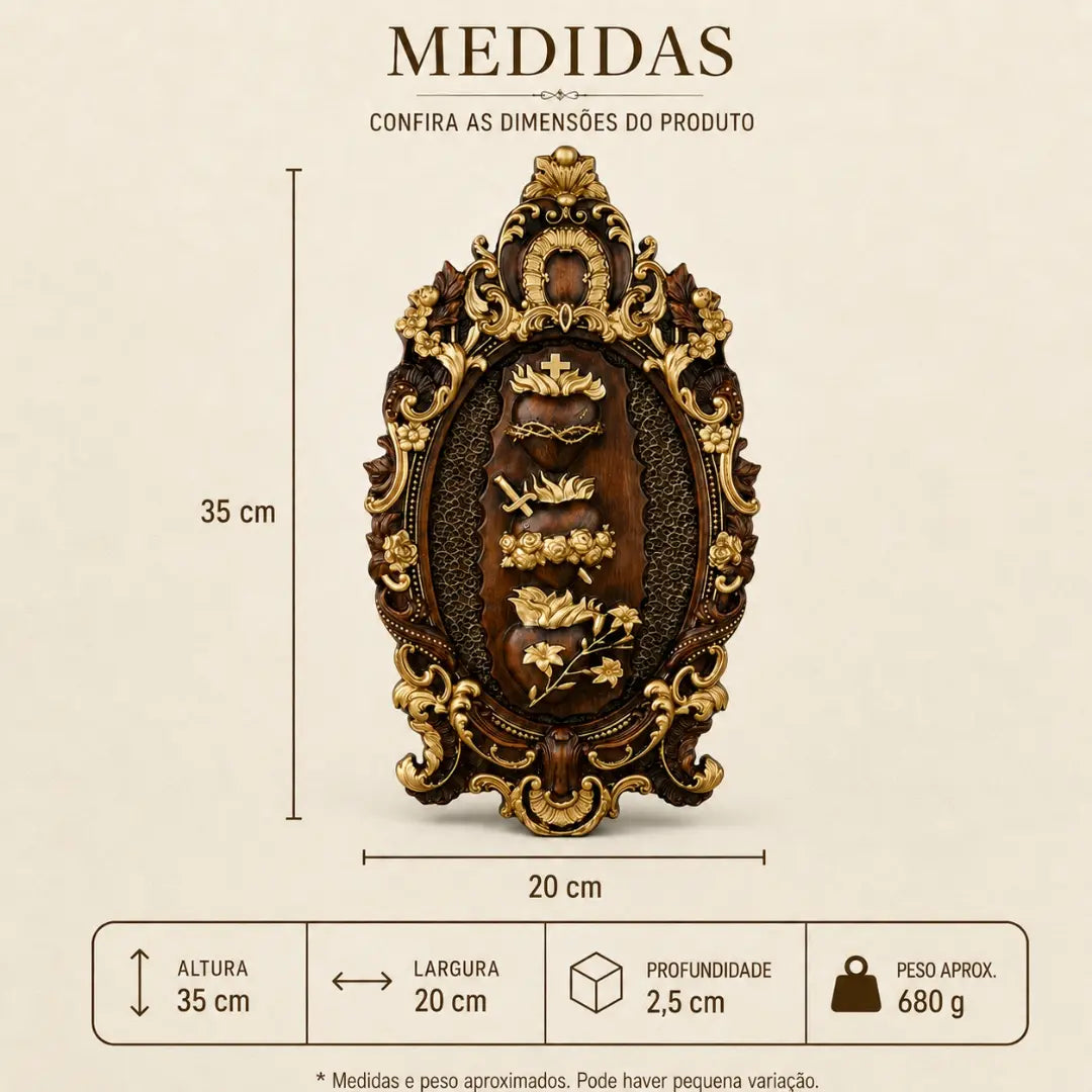 Imagem dos Três Corações da Sagrada Família em Madeira de Faia Europeia com Detalhes Dourados 35cm