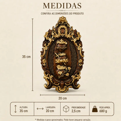 Imagem dos Três Corações da Sagrada Família em Madeira de Faia Europeia com Detalhes Dourados 35cm