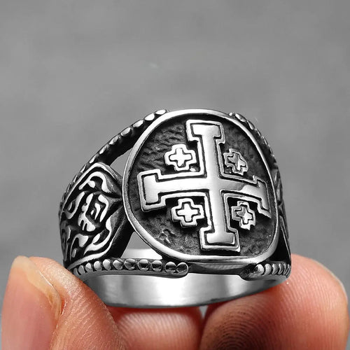 Anel Cruz de Jerusalém de Aço Inoxidável