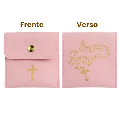 porta terço rosa de couro