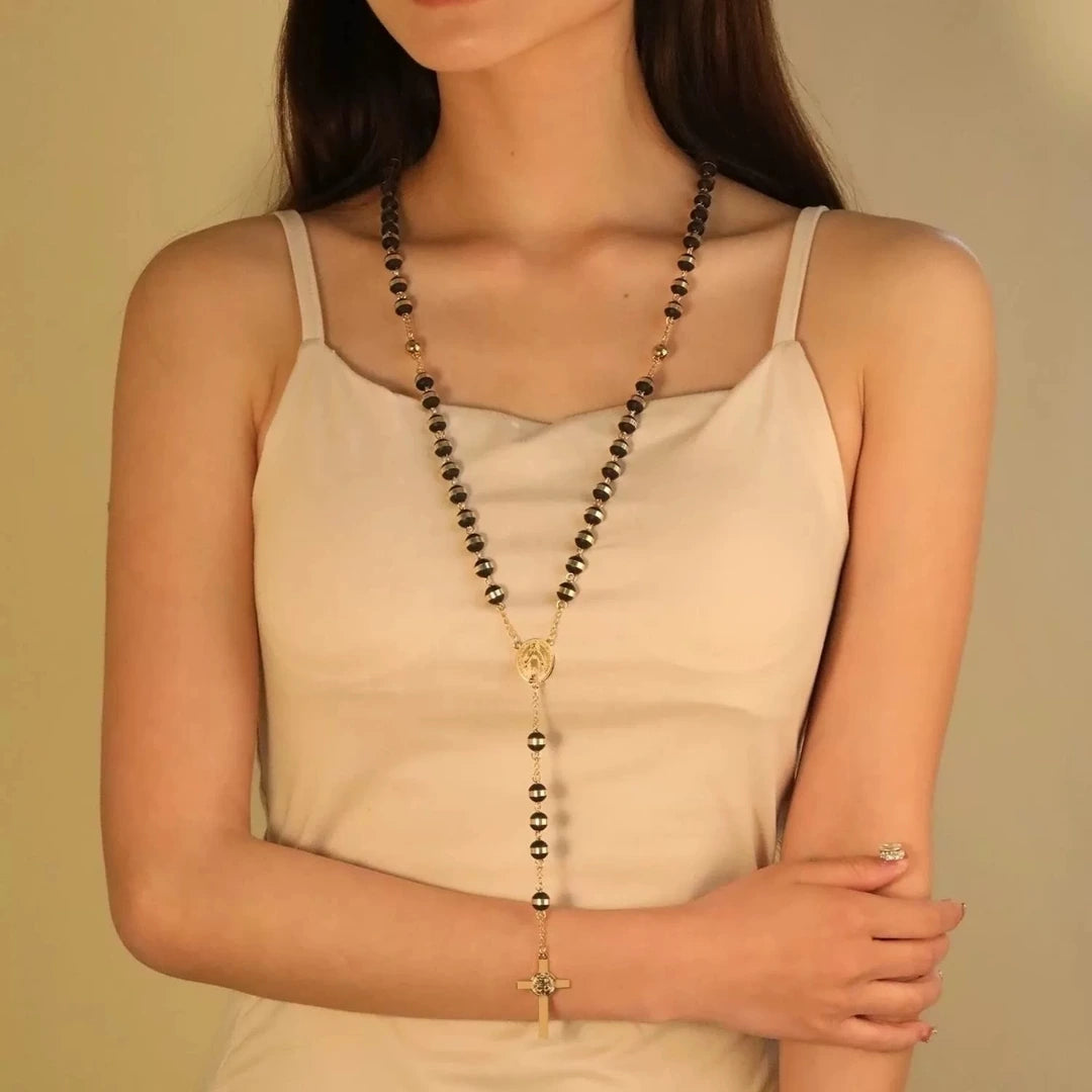 terço preto, terço dourado, colar terço, terço nossa senhora das graças