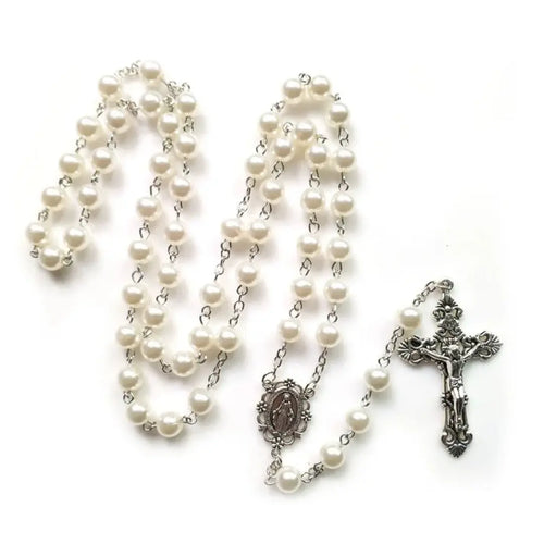 terço de pérola, terço branco, terço feminino, colar terço feminino, terço de nossa senhora das graças