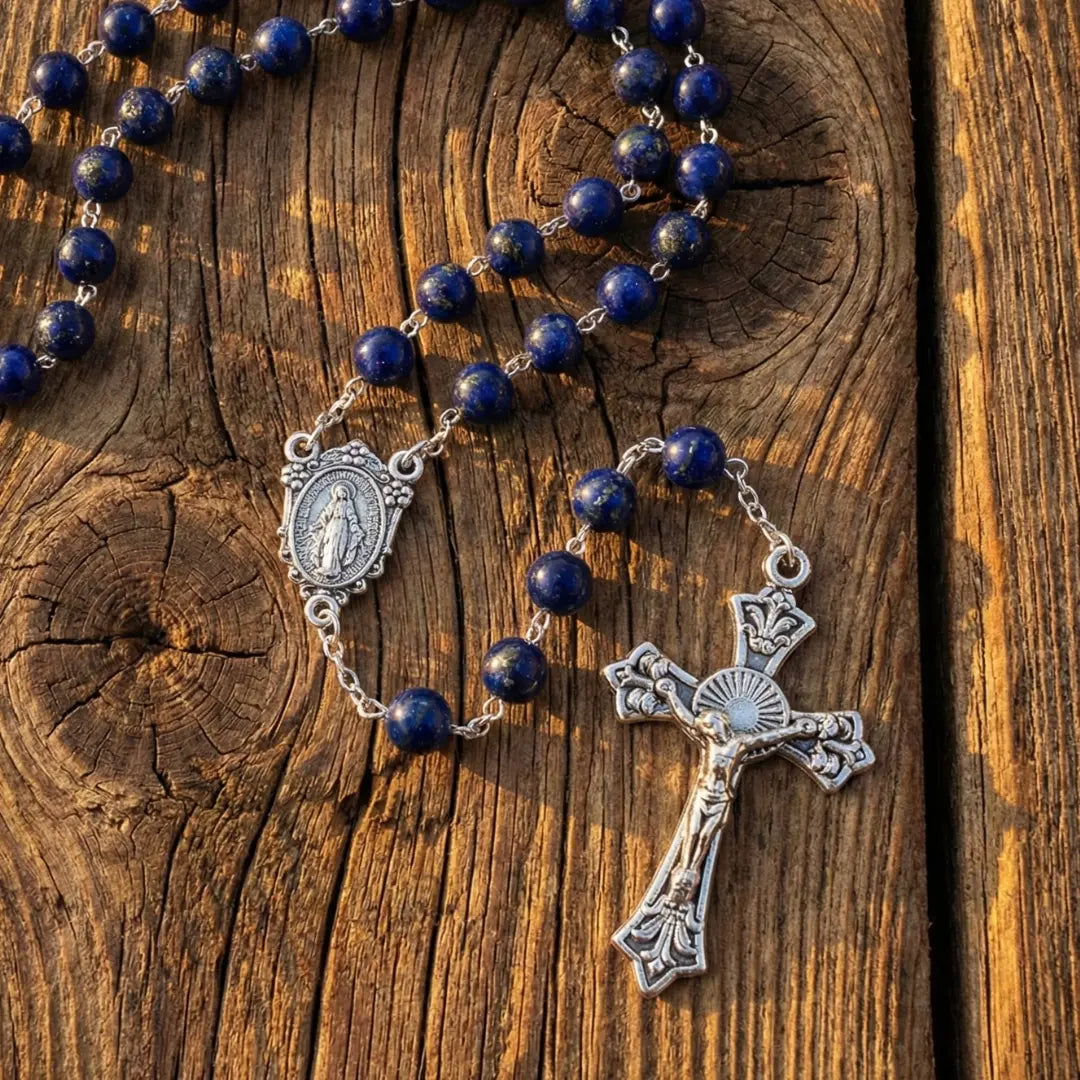 terço de nossa senhora das graças, terço azul, terço de pedras naturais