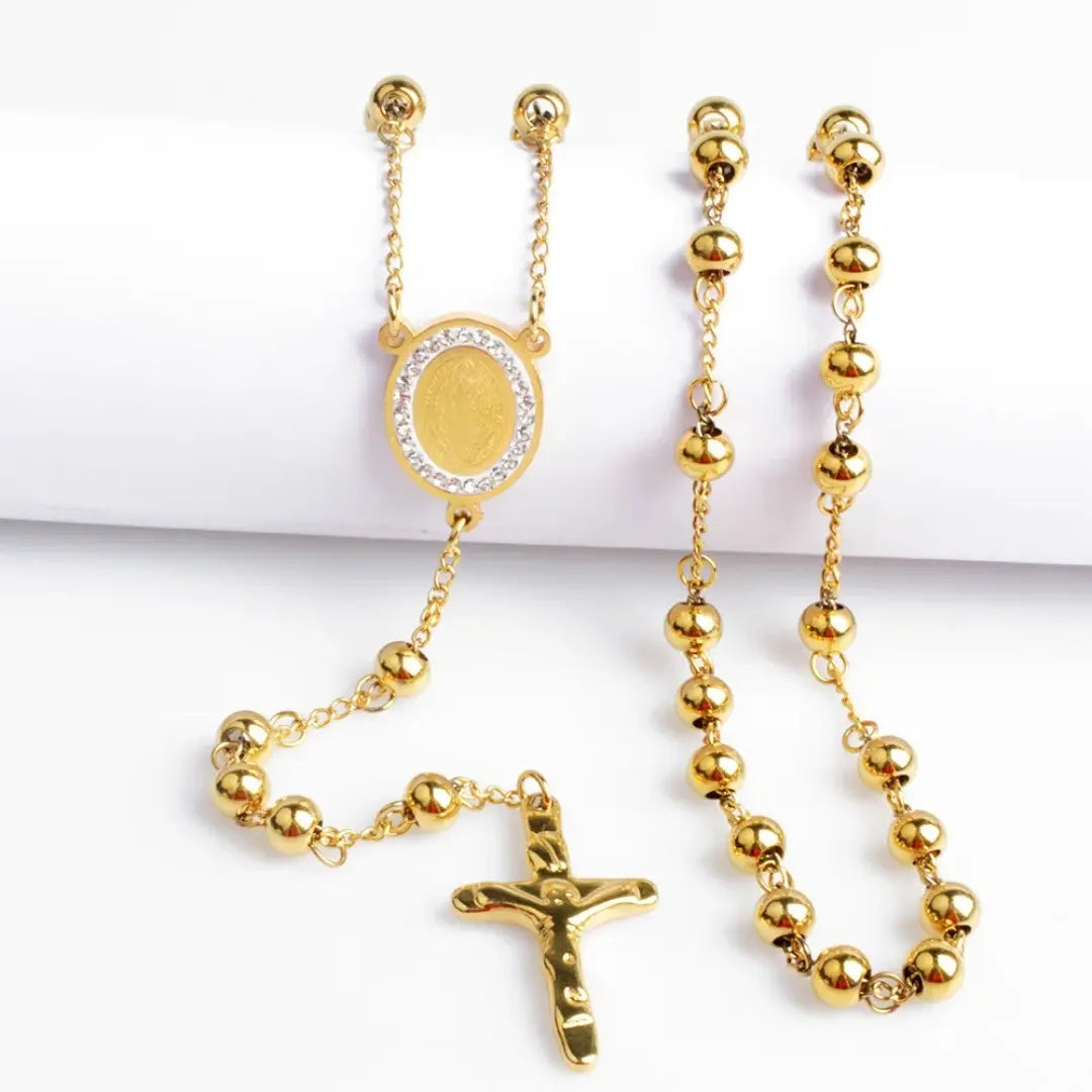 terço feminino, colar terço feminino, terço dourado, terço de nossa senhora de guadalupe