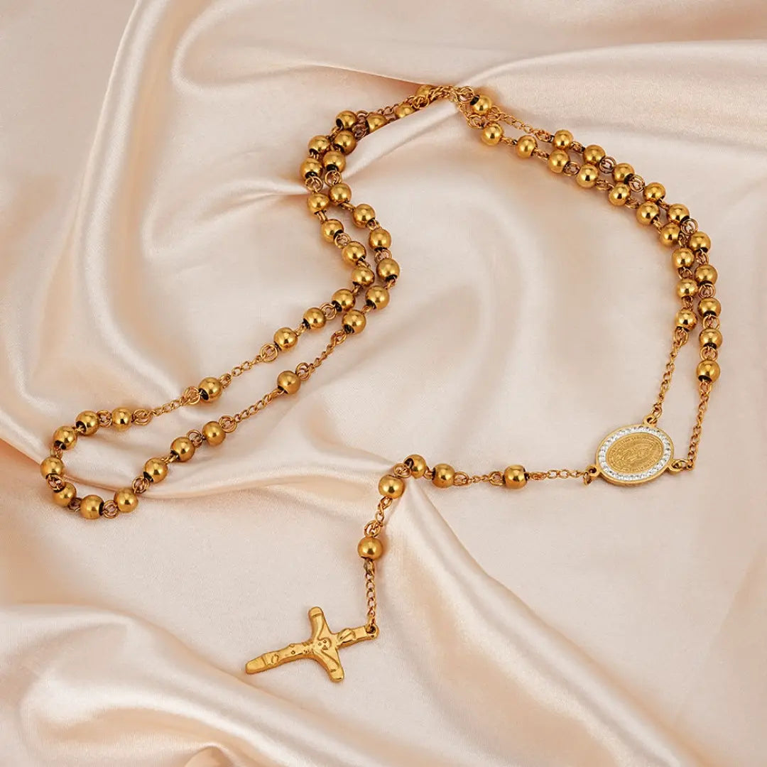 terço feminino, colar terço feminino, terço dourado, terço de nossa senhora de guadalupe