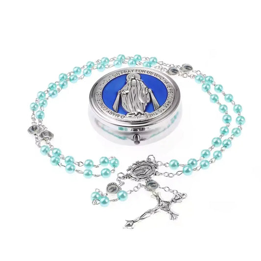 porta terço, terço azul, terço feminino, terço de nossa senhora das graças