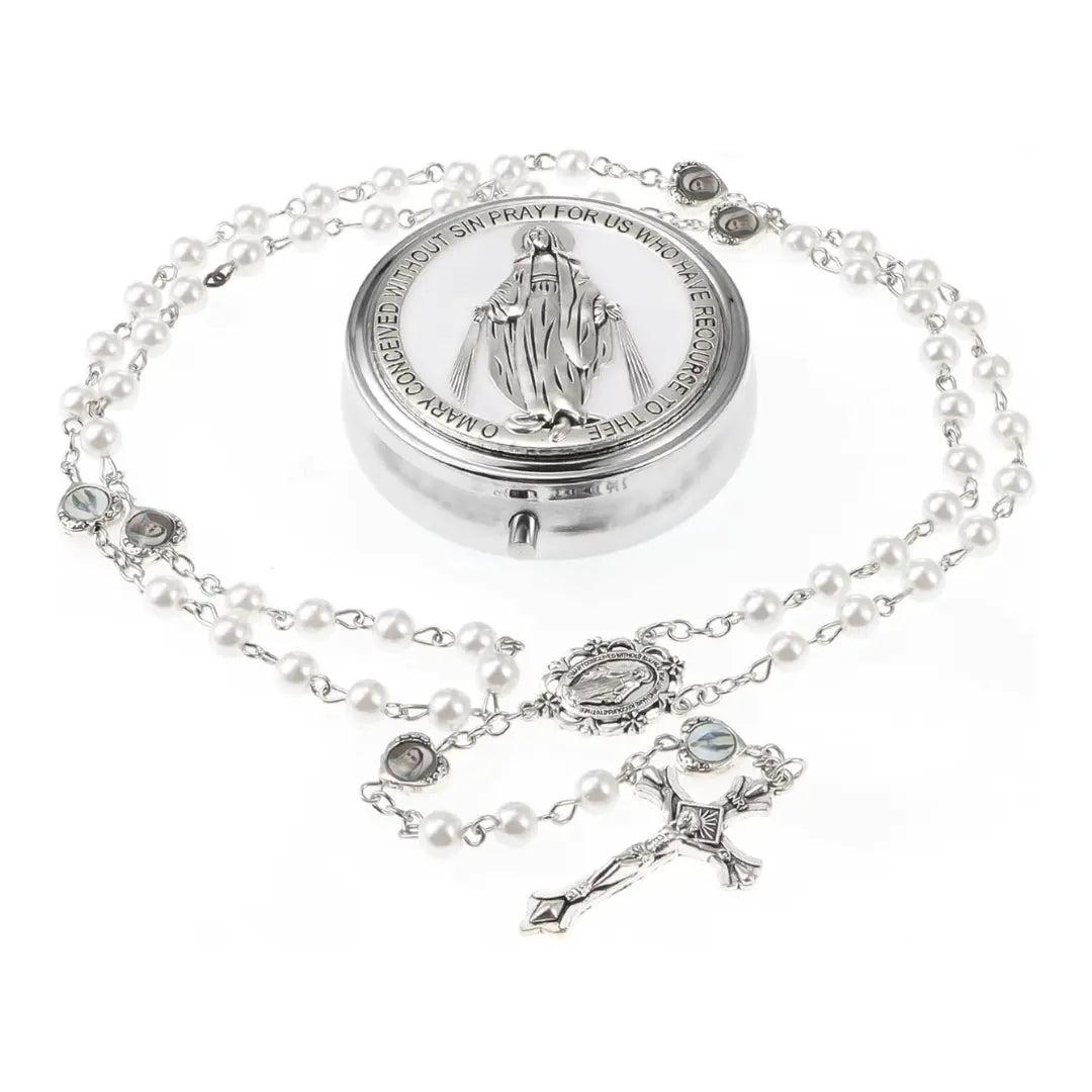terço branco com porta terço de nossa senhora das graças

