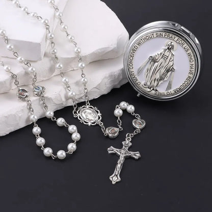 terço branco com porta terço de nossa senhora das graças
