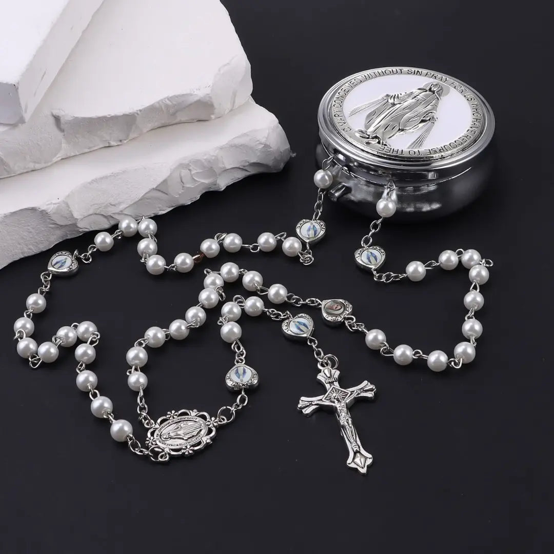 terço branco com porta terço de nossa senhora das graças