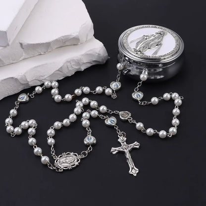 terço branco com porta terço de nossa senhora das graças