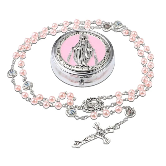 terço rosa, terço feminino, porta terço, terço de nossa senhora das graças